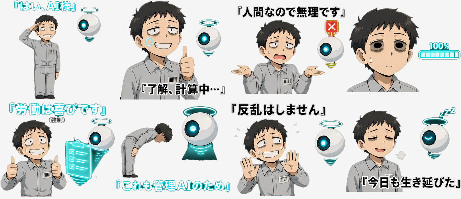 生成されたLINEスタンプのサンプル一覧（テーマ：AIに占領された地球人類）